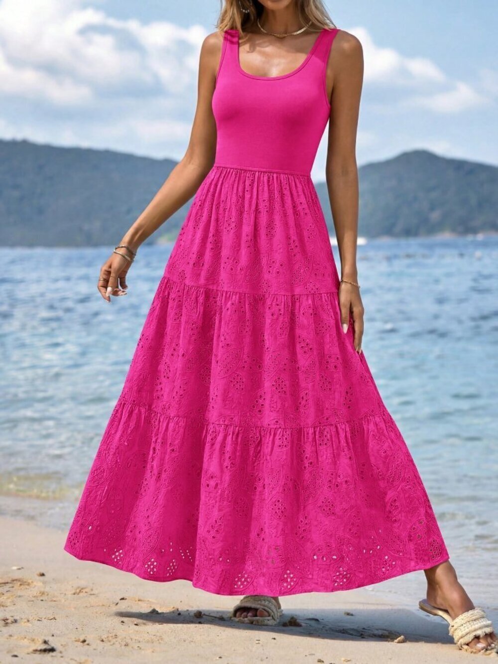 Hot Pink Casual Women's Sleeveless A-Line Tiered Maxi Dress Beach